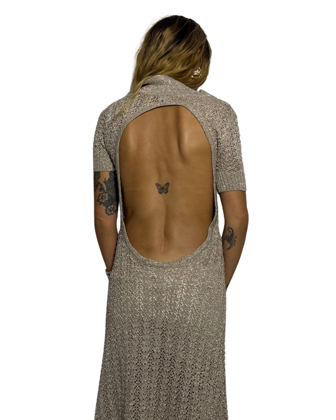 One Size- Open back shimmer knit dress