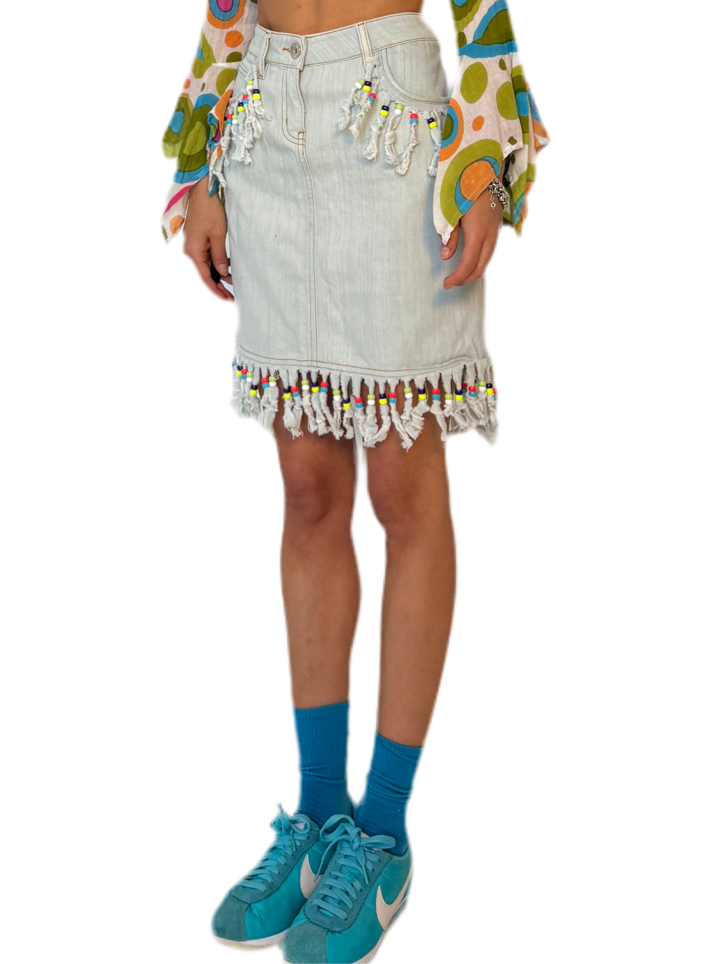 SIZE 6- VINTAGE DESIGNER FRINGE DENIM SKIRT