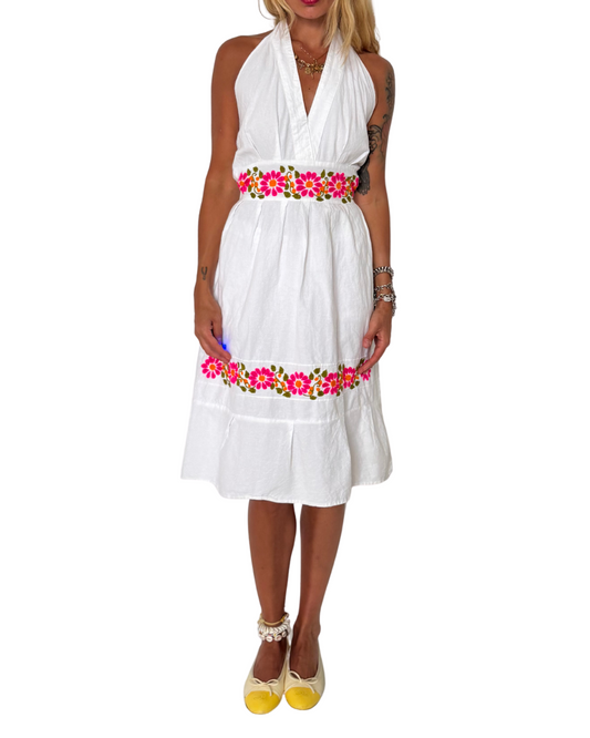 LARGE- linen embroidered  halter dress