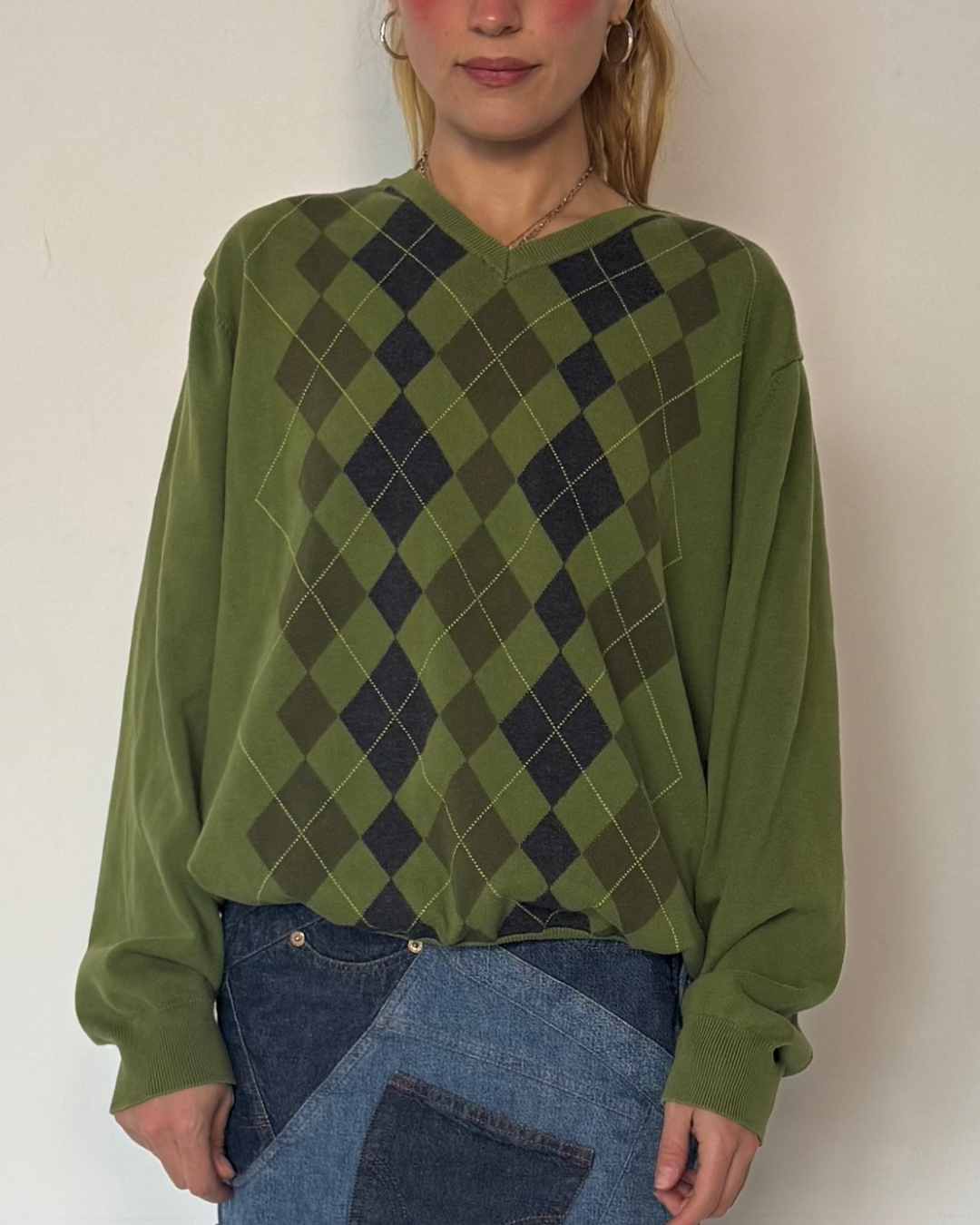 Vintage green argyle v neck
