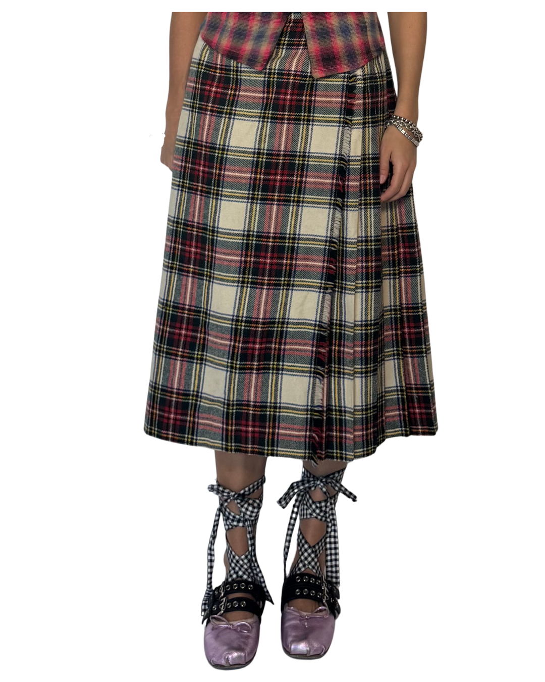 Pleated buckle tartan skirt