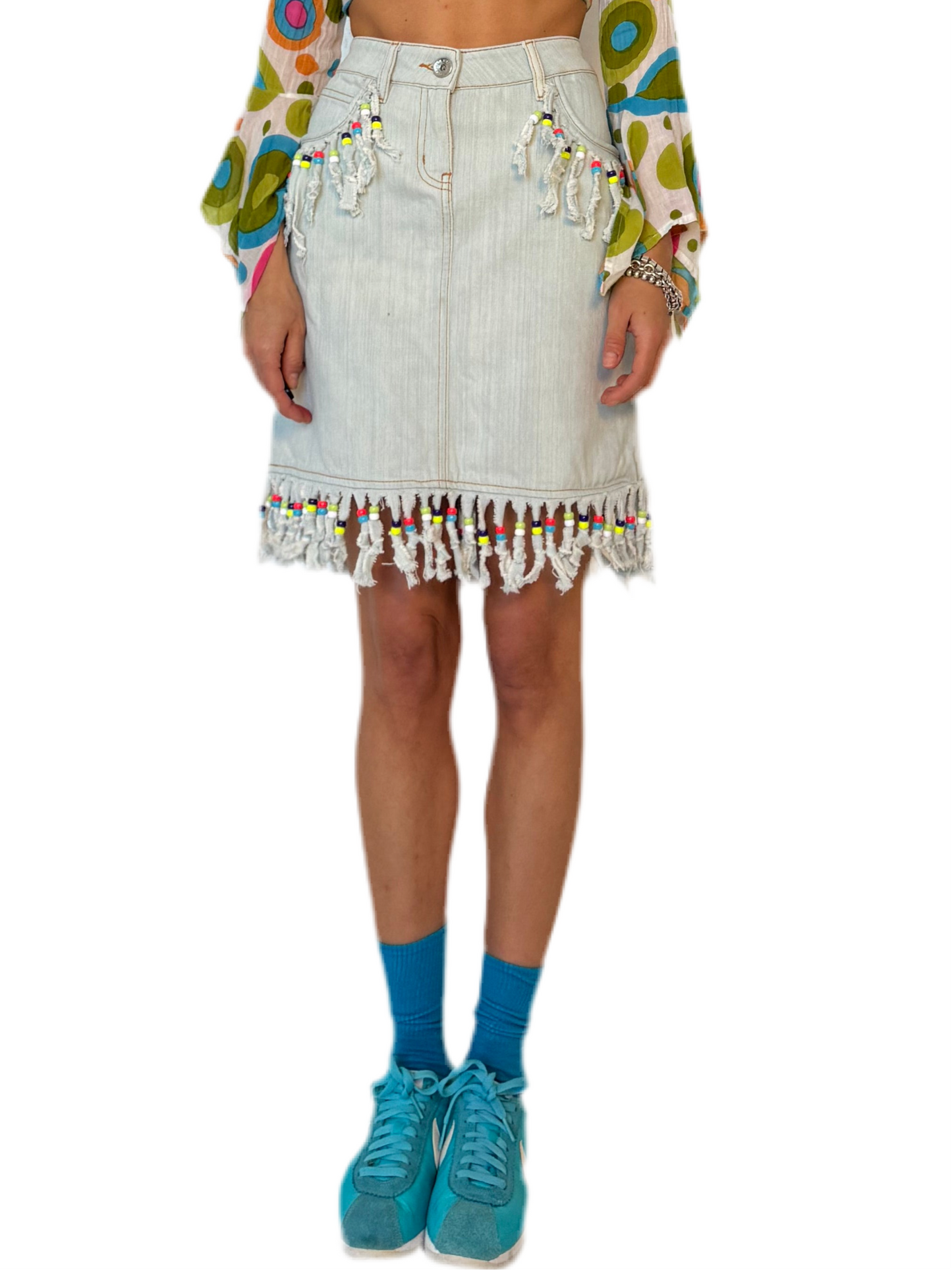 SIZE 6- VINTAGE DESIGNER FRINGE DENIM SKIRT