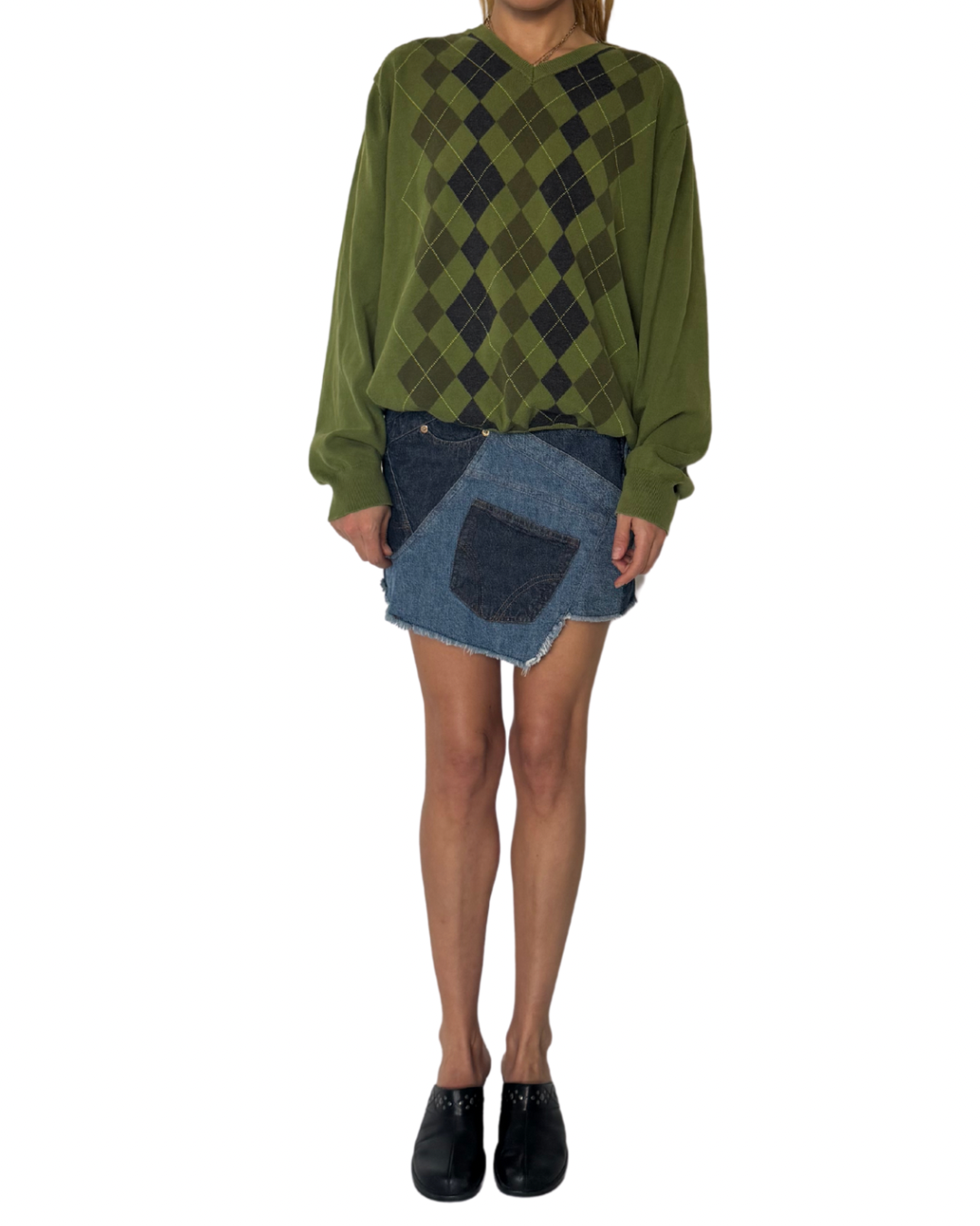 Vintage green argyle v neck