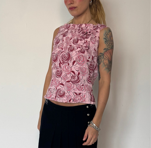 Pink flower knit boat neck tank